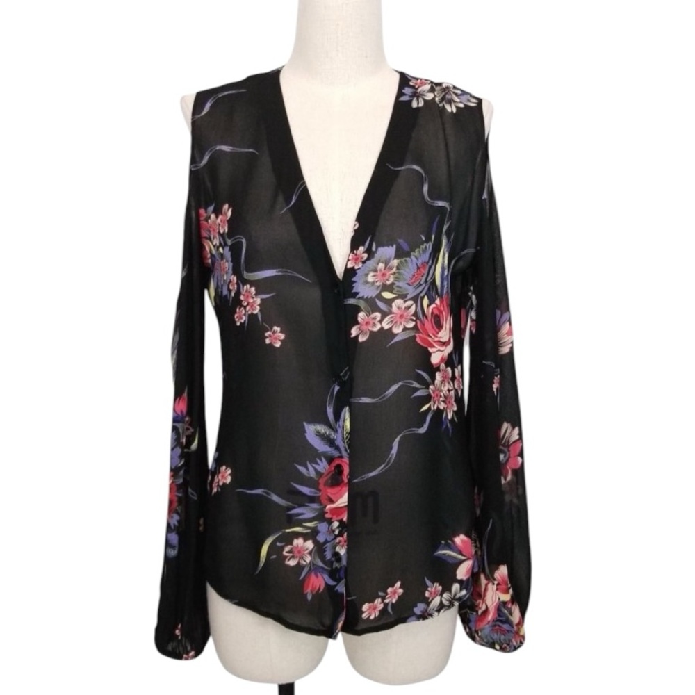 REFORMATION Cold Shoulder Sheer Floral Button Front Deep V Blouse Top Size XS